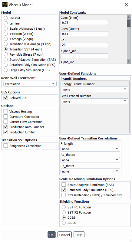 The Viscous Model Dialog Box Displaying Options for DES with the Transition SST Model