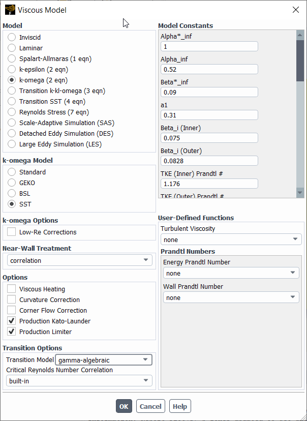 Transition Option enabled in Combination with the SST k-ω Model