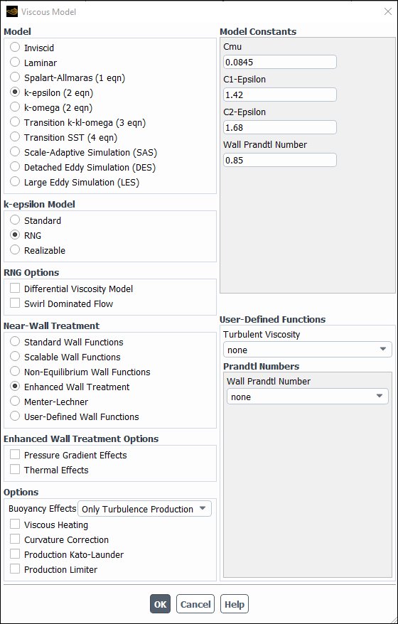 The Viscous Model Dialog Box Displaying the RNG k-ε Model