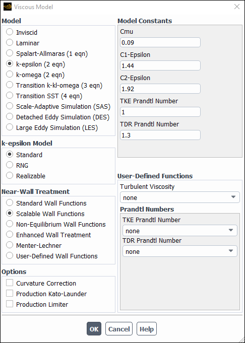 The Viscous Model Dialog Box Displaying the Standard k-ε Model