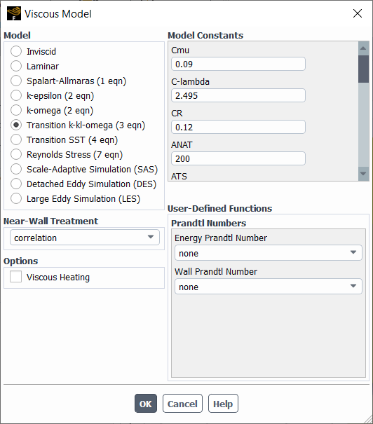 The Viscous Model Dialog Box for the Transition k-kl-ω Model