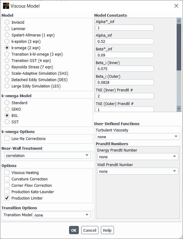 The Viscous Model Dialog Box Displaying the BSL k-ω Model