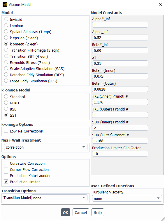 The Viscous Model Dialog Box Displaying the SST k-ω Model