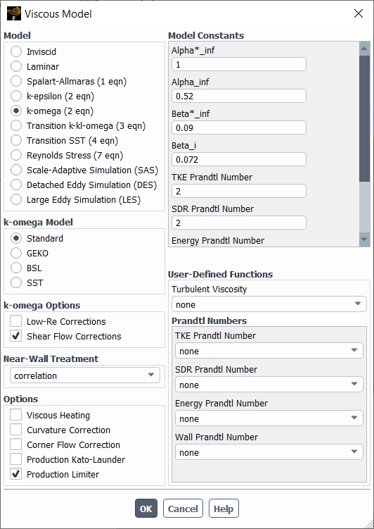 The Viscous Model Dialog Box Displaying the Standard k-ω Model