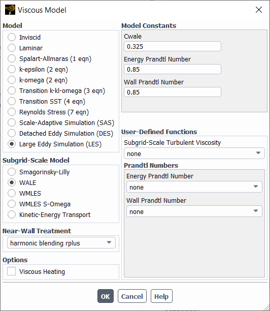 The Viscous Model Dialog Box Displaying the Large Eddy Simulation Model Options