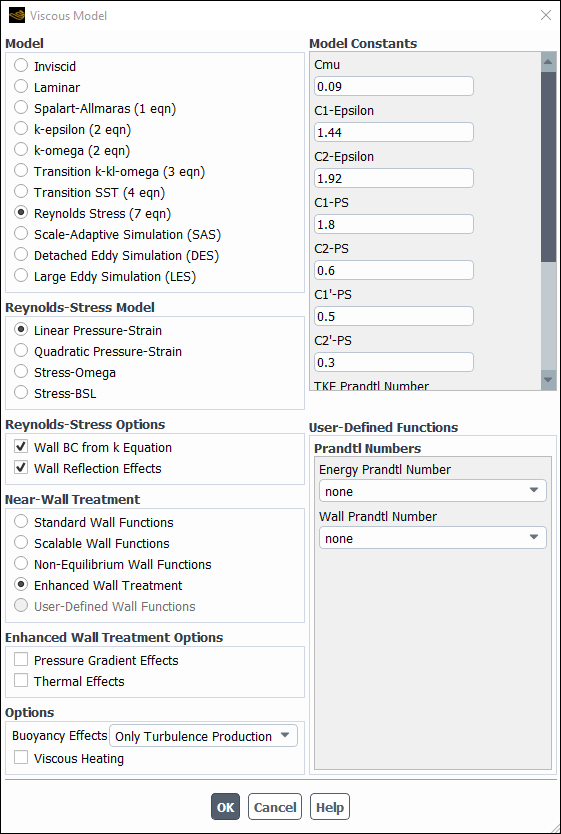 The Viscous Model Dialog Box Displaying the Reynolds Stress Model Options