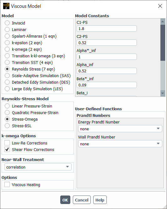 The Viscous Model Dialog Box Displaying the Stress-Omega Model Options