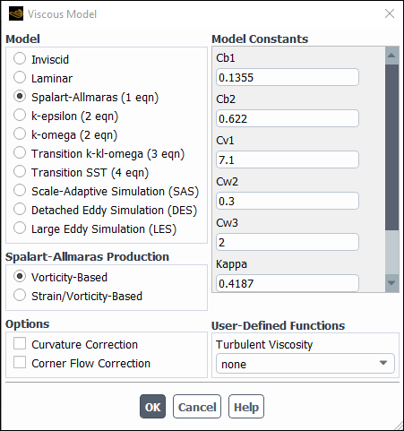 The Viscous Model Dialog Box Displaying the Spalart-Allmaras Production