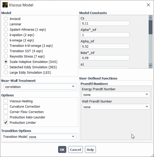 Scale-Adaptive Simulation (SAS) in Combination with the SST Turbulence Model