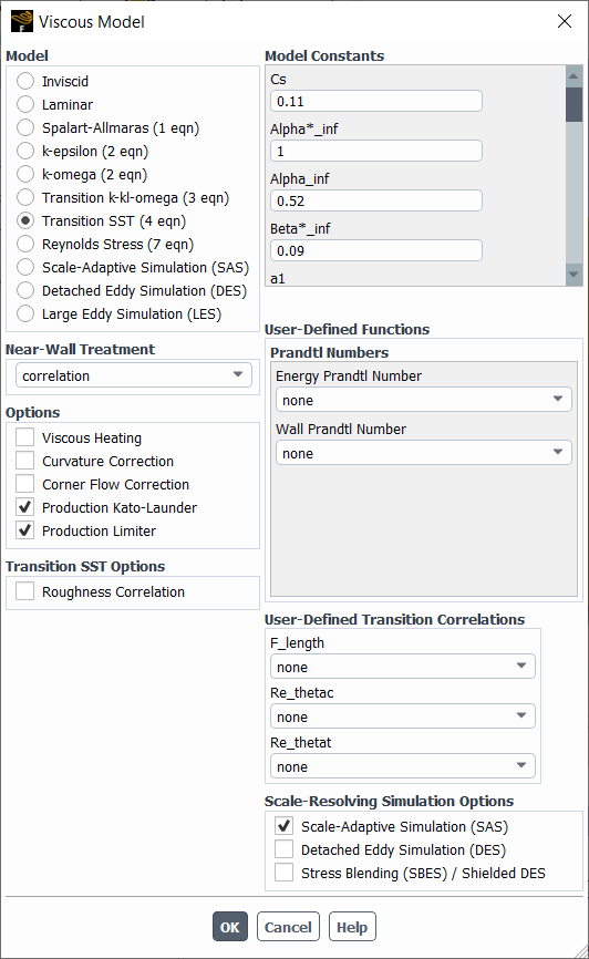 Scale-Adaptive Simulation (SAS) in Combination with the Transition SST Model