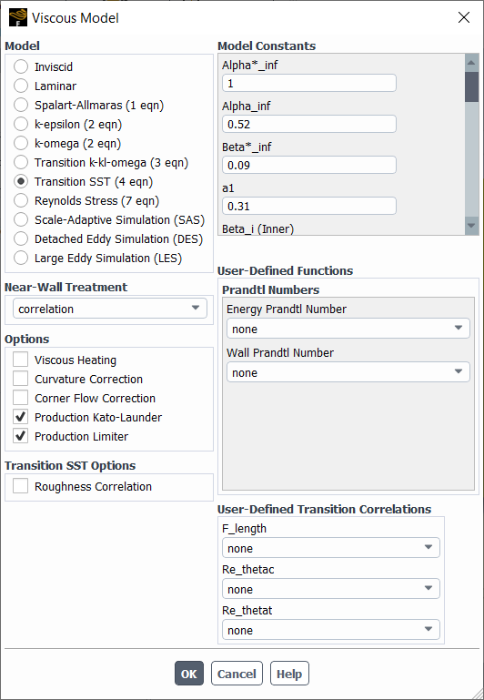 The Viscous Model Dialog Box for the Transition SST Model