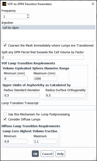 The VOF-to-DPM Transition Parameters Dialog Box