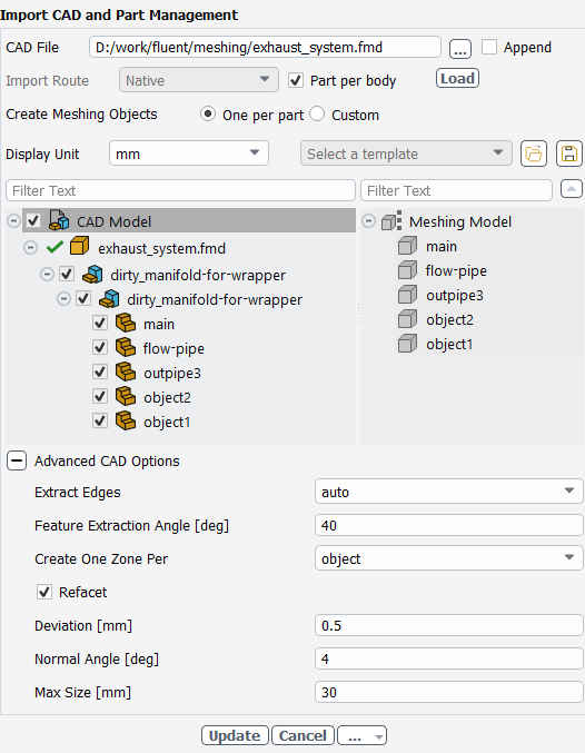 CAD Properties of a Selected Per-Part Meshing Model Object