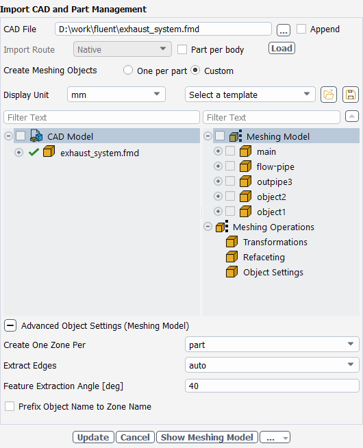 Properties of a Selected Custom Meshing Model Object