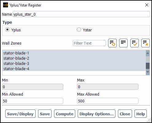 Yplus/Ystar Register Dialog Box