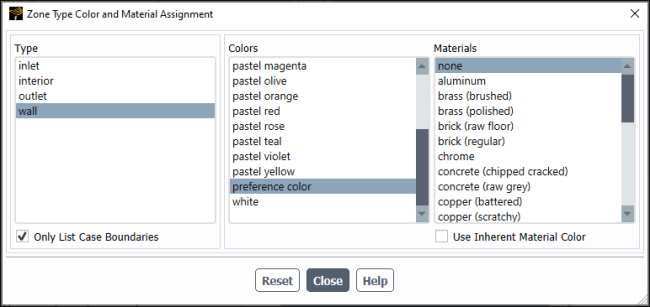 Zone Type Color and Material Assignment Dialog Box (Pastel Color Scheme)