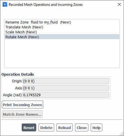 Reviewing the Details of Rotating the Mesh in the Recorded Mesh Operations Dialog Box