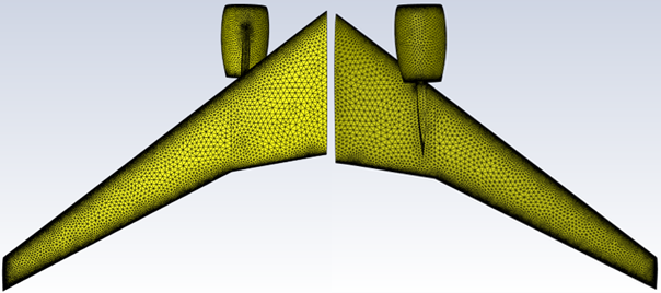 Surface Mesh over the Wing of DP-2 at the First Adaption Cycle (Baseline Mesh: Top=left , Bottom=right)