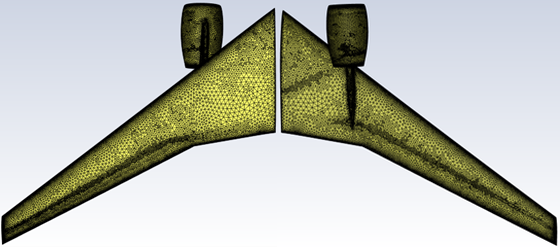 Surface Mesh over the Wing of DP-2 at the Last Adaption Cycle (Adapted Mesh: Top=left , Bottom=right)