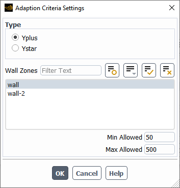 The Adaption Criteria Settings Dialog Box for the Yplus / Ystar Criterion