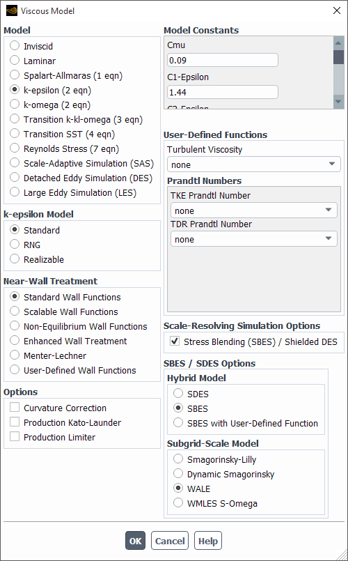 The Viscous Model Dialog Box with SBES Enabled