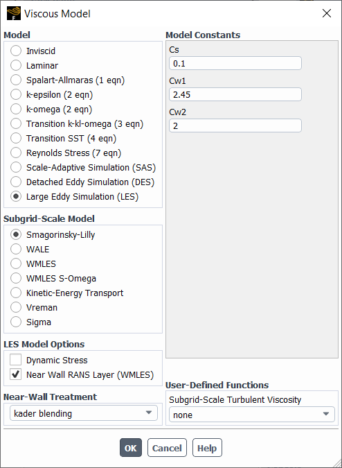 Viscous Model Dialog Box with Near Wall RANS Layer (WMLES) Enabled