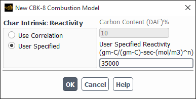 The New CBK-8 Combustion Model Dialog Box