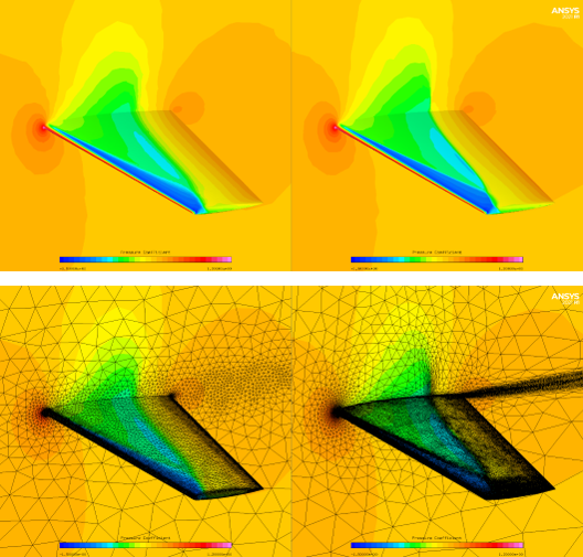 Pressure Coefficient Contours and Surface Mesh Along the Wing and Symmetry Plane - Original Solution (Left) and 2nd Adapted Solution (Right)