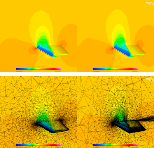 Pressure Coefficient Contours and Surface Mesh Along the Wing and Z = 0.75 m Plane - Original Solution (Left) and 2nd Adapted Solution (Right)