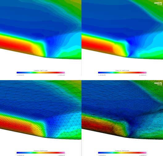 Pressure Coefficient Contours and Surface Mesh Along the Leading Edge of the Wing Tip - Original Solution (Left) and 2nd Adapted Solution (Right)