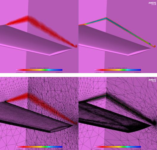 Turbulent Viscosity Contours and Surface Mesh Along the Wing, Symmetry Plane and X = 1.2 m Plane - Original Solution (Left) and 2nd Adapted Solution (Right)