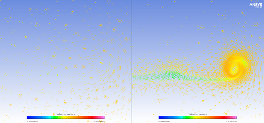 Velocity Vectors at X = 1.2m Plane, Wing Tip Vortex - Original Solution (Left) and 2nd Adapted Solution (Right)