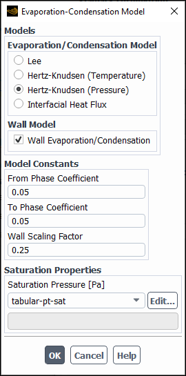 The Evaporation-Condensation Model Dialog Box