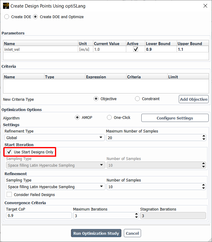 Accessing optiSLang's Start Designs Tools