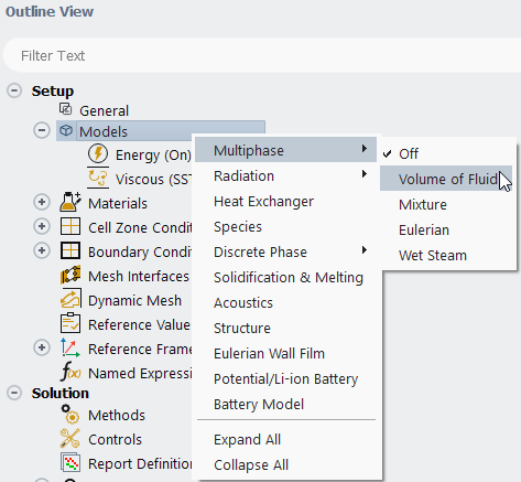 Enable the Volume of Fluid Multiphase Model using the Models Branch Context Menu