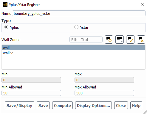 The Yplus/Ystar Register Dialog Box for the Refinement Criterion