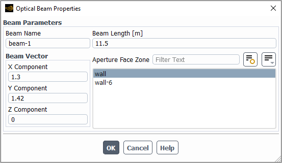 The Optical Beam Properties Dialog Box