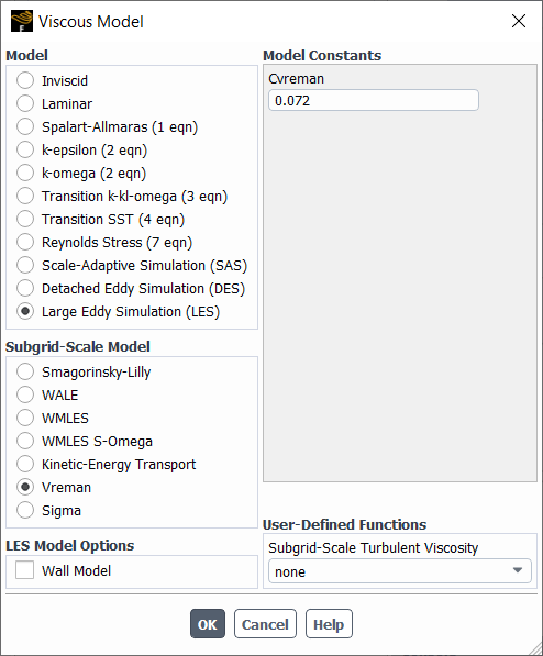 The Viscous Model Dialog Box with Vreman Model Enabled