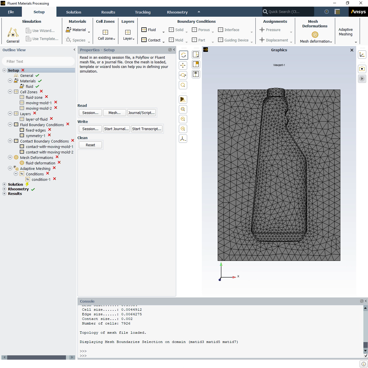 The Materials Processing Workspace With the Bottle and Parison Mesh