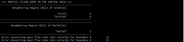 Console output displaying region IDs of the inlets/outlets