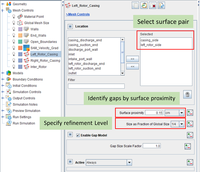 Gap Feature Refinement Panel under Mesh Controls