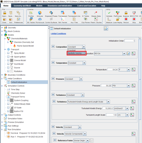 Default Initialization panel specifying Spatially Varying composition