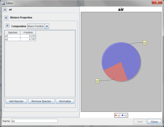 Gas Mixture Editor: Defining inlet gas composition