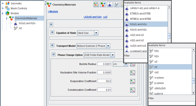 Liquid and gas properties panels