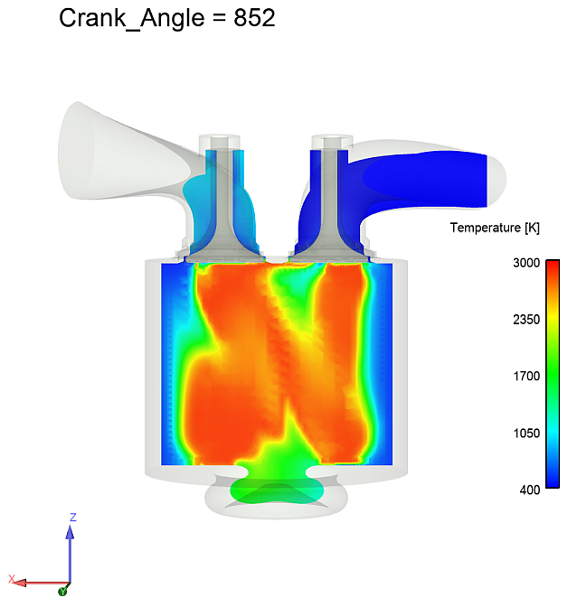 Temperature contour on a zx-plane at y= -0.018 m INSIDE the engine cylinder