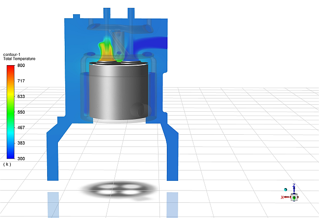 Temperature contour on a zx-plane at y= -0.018 m OUTSIDE the engine cylinder