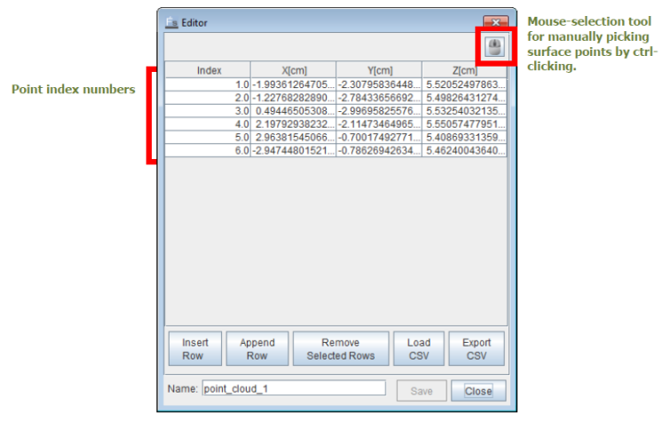 Point Cloud Editor, populated with a set of 3-D coordinates