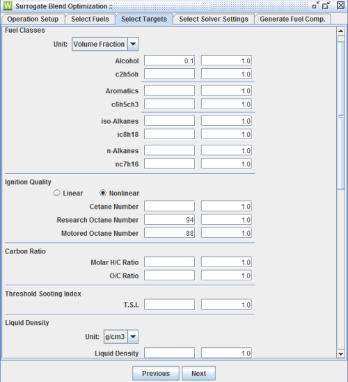 Example of Surrogate Blend Optimizer in Ansys Chemkin Reaction Workbench. Specification of test fuel properties, called Targets, is shown.