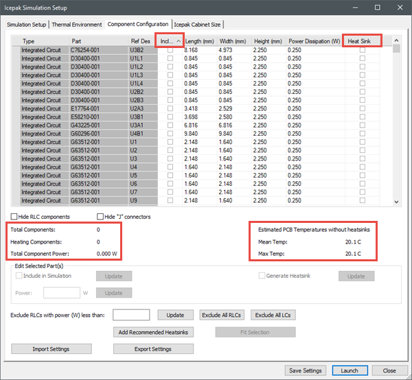 Icepak Simulation Setup Dialog Box - Component Configuration Tab