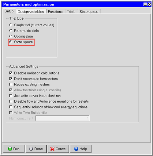 Parameters and Optimization panel